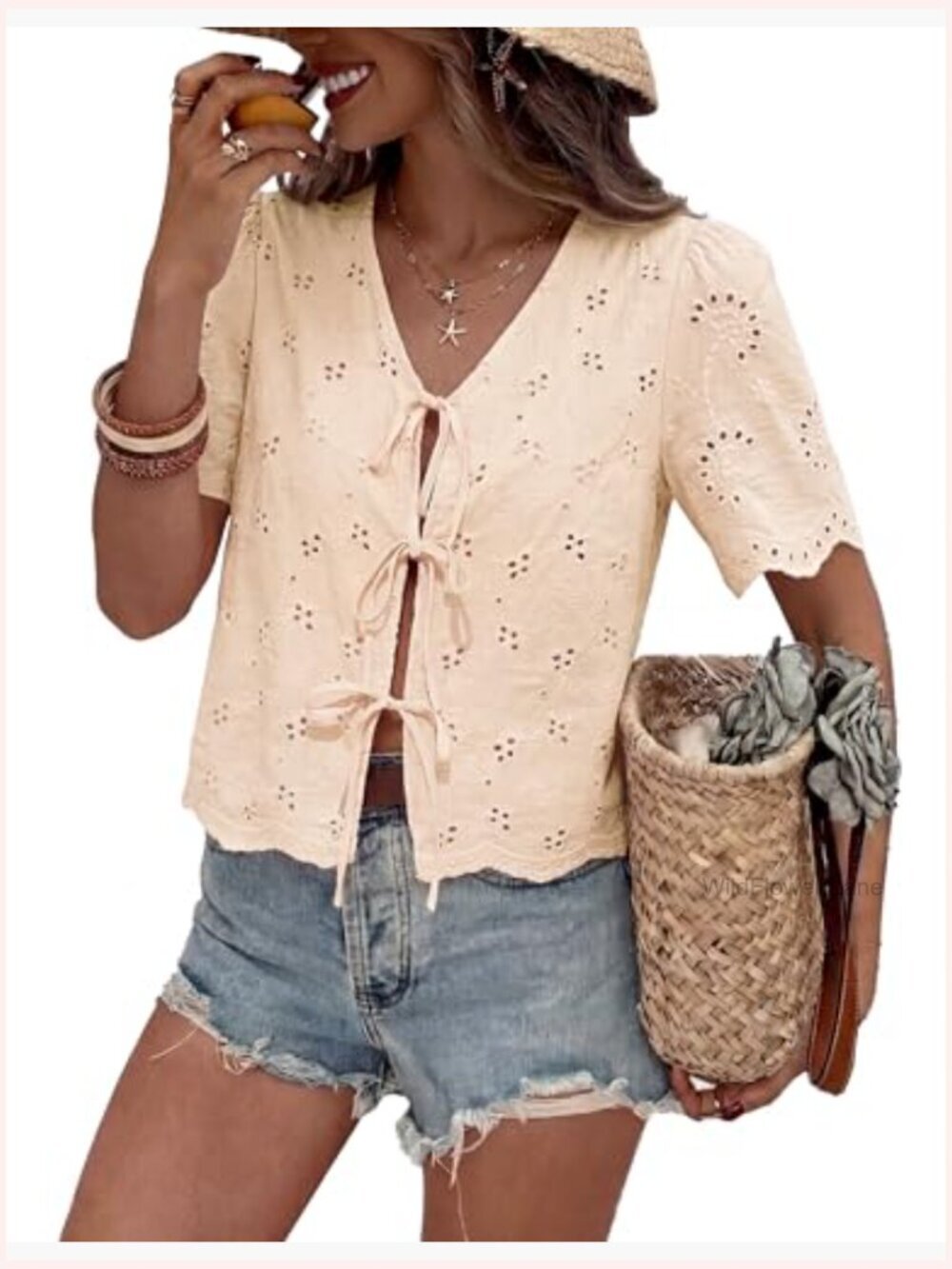 Cotton Eyelet Tie Front V Neck Boho Beach Cover Up Top - Picture 2 of 6